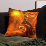 orange throw pillow featuring second chakra artwork by Primal Painter of an angel riding a spiraling wave with a yellow sun in the corner