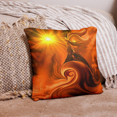 orange throw pillow featuring second chakra artwork by Primal Painter of an angel riding a spiraling wave with a yellow sun in the corner