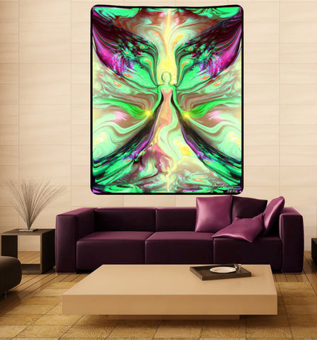 Large Pastel Green Fairy Art Tapestry, Guardian Angel Baby Blanket - "Growth"