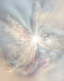 Very pale pastel peach, gray, and plum abstract angel art with ethereal wings, sparkles, and a white starburst at the center