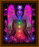 colorful chakra art print with a fuchsia angel torso with the seven chakra colors aligned down the center, and blue lights in her hands and a Reiki symbol over her head in a brown frame