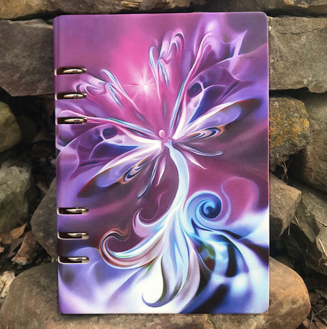 Purple fairy art with swirls by Primal Painter on 7" x 9" binder journal with hard cover and lined pages