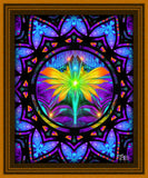 Reiki-infused art print of a rainbow fairy with raised arms encircled by a colorful mandala border called "Centered" by Primal Painter with a brown frame