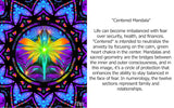 Reiki-infused art print of a rainbow fairy with raised arms encircled by a colorful mandala border called "Centered" by Primal Painter with the text description of the meaning and symbolism of the image