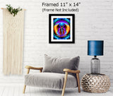 colorful rainbow energy art of a vivid angel with upstretched arms holding a blue starburst over her head inside a sphere of potential and surrounded by blue rays framed and hanging above a chair