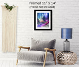 Framed landscape Impressionist Art Print displayed above a chair, Rainbow Fantasy Dreamscape - "The Fairy Realm" by Primal Painter