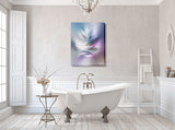 Minimalist abstract wall art stretched canvas print with soft pastel colors and simple swooping lines hanging as bathroom decor called "Feathers and Wind" by Primal Painter