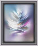 Minimalist art print with soft pastel colors and simple swooping lines in a gray frame called "Feathers and Wind" by Primal Painter