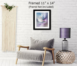 Minimalist art print with soft pastel colors and simple swooping lines hanging above a chair called "Feathers and Wind" by Primal Painter