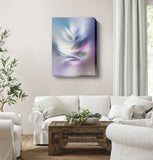 Minimalist art stretched canvas print with soft pastel colors and simple swooping lines displayed in a living room called "Feathers and Wind" by Primal Painter