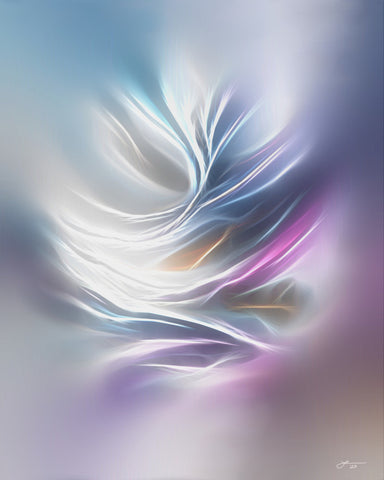 Minimalist art print with soft pastel colors and simple swooping lines called "Feathers and Wind" by Primal Painter