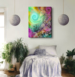 rainbow fantasy art canvas print by Primal Painter with pink and blue swirls, a young girl's profile with flowers in her hair, and a border of pastel flowers on a bedroom wall