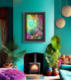 rainbow fantasy art by Primal Painter with pink and blue swirls, a young girl's profile with flowers in her hair, and a border of pastel flowers in a living room with a blue wall