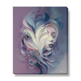 Earthy plums, blue, and creamy swirls surround a dreamy feminine face in the goddess series of stretched canvas visionary art by Primal Painter.