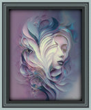 Earthy plums, blue, and creamy swirls surround a dreamy feminine face in the goddess series of energy art by Primal Painter displayed in a gray frame