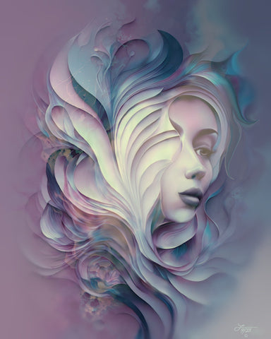 Earthy plums, blue, and creamy swirls surround a dreamy feminine face in the goddess series of energy art by Primal Painter. 