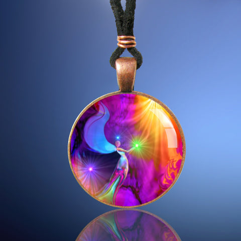 round antique copper finished necklace with colorful rainbow angel art sealed under a glass dome 