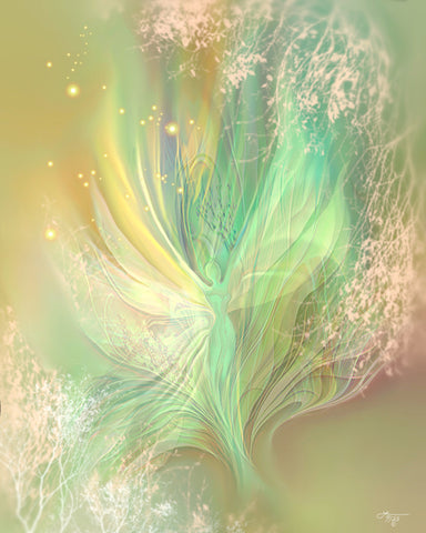 Energy art  by Primal Painter entitled "Higher Self" of an abstract feminine angel with subtle wings in pastel green, yellow, and peach pastel colors