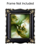 Abstract art print with mossy greens, creams, and taupe in a swirling, earthy pattern in an ornate black frame