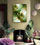 Abstract art canvas print with mossy greens, creams, and taupe in a swirling, earthy pattern hanging in a bohemian living room