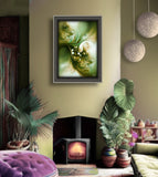 Abstract art print with mossy greens, creams, and taupe in a swirling, earthy pattern hanging in a bohemian living room