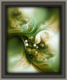 Abstract art print with mossy greens, creams, and taupe in a swirling, earthy pattern in a gray frame