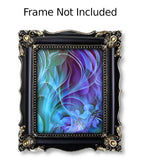 Swirling abstract art in purples, blues, and teal with vague impressions of flowers and foliage in a black frame