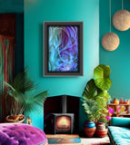 Swirling abstract art in purples, blues, and teal with vague impressions of flowers and foliage hanging in a bohemian living room
