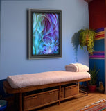 Swirling abstract art in purples, blues, and teal with vague impressions of flowers and foliage hanging above a massage table. 