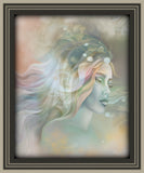 Framed abstract modern art in pale aqua, taupe, and peach of the goddess Pele with flowing hair by Primal Painter.