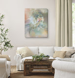 Abstract modern wall art stretched canvas print in pale aqua, taupe, and peach of the goddess Pele with flowing hair by Primal Painter.