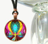 Handmade metal and glass necklace featuring metaphysical art print of an angel with yellow wings, green light in her hands, with a teal heart between her wings