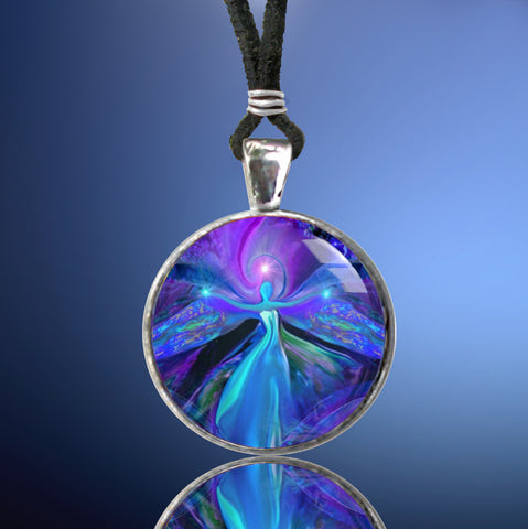 purple angel art pendant necklace in a round silver setting against a blue background with chakra symbolism