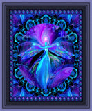 Purple angel artwork with a teal decorative oval border inside an intricate border of repeating images called "The Seer" by Primal Painter in a pale purple frame