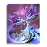 Violet, purple and light blue angel canvas art wih ethereal transparent wings atop swirling clouds