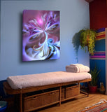 Violet, purple and light blue angel canvas art wih ethereal transparent wings atop swirling clouds hanging above a massage table