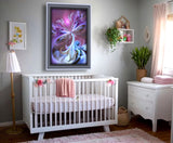 Violet, purple and light blue angel art wih ethereal transparent wings atop swirling clouds hanging in a nursery