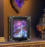 Violet, purple and light blue angel art wih ethereal transparent wings atop swirling clouds displayed in a black frame on a shelf