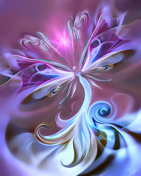 Purple Goddess Art Print with Ethereal Angel Wings and Swirling