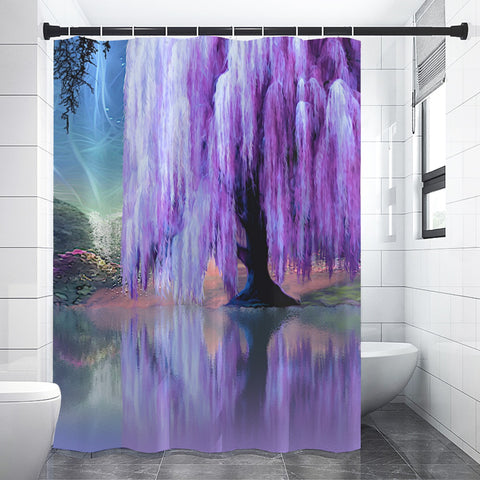 waterproof shower curtain featuring impressionist art of a purple willow tree next to a pond