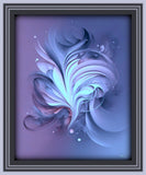 Blue and Violet abstract art print with soft feminine swirls of colors and dots of energy by Primal Painter displayed in a gray frame