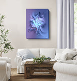 Blue and Violet abstract canvas art print with soft feminine swirls of colors and dots of energy by Primal Painter hanging in a white living room