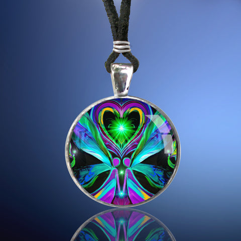 Handmade necklace featuring colorful energy art sealed under a glass dome by Primal Painter of twin flame angels hand in hand under a green heart