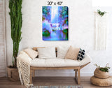 Waterfall Impressionist Art Stretched Canvas Print displayed over a couch, Blue Fantasy Dreamscape by Primal Painter called "Water Sprite"