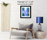 Framed Waterfall Impressionist Wall Art Print displayed over a chair, Blue Fantasy Dreamscape by Primal Painter - "Water Sprite"