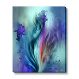 Abstract flower canvas art in blues, purples, and teals with a smoky ethereal quality