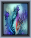 Abstract flower art in blues, purples, and teals with a smoky ethereal quality in a gray frame