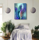 Abstract flower canvas art in blues, purples, and teals with a smoky ethereal quality hanging in a bohemian bedroom
