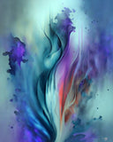 Abstract flower art in blues, purples, and teals with a smoky ethereal quality