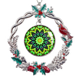 Green Mandala Art Sparkly Christmas Ornament, Decorative Metal Wreath  - "Heart Connections"